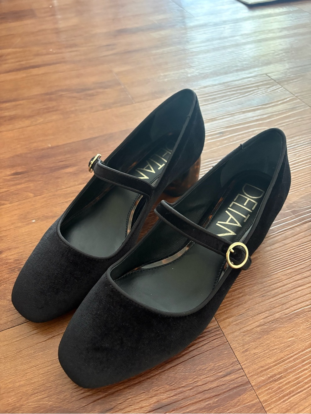 DELTAN Black Velvet Mary Jane Heels with Gold Buckle